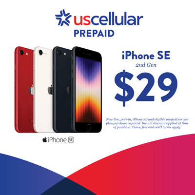 The amazing iPhone SE for only $29 with a Prepaid Plan from UScellular Wavelengths. Terms Apply.