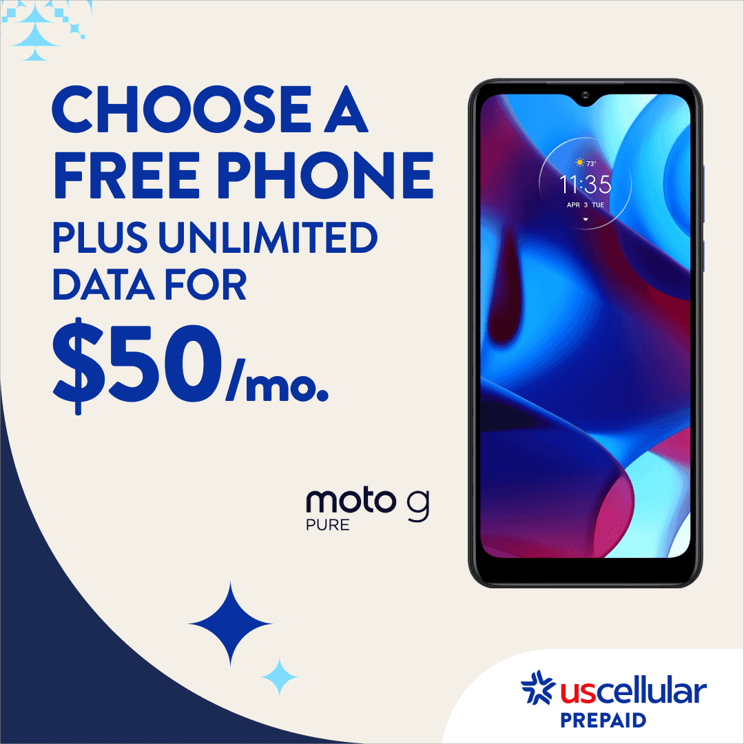 Choose a free phone plus unlimited data for $50 per month. moto g PURE. UScellular Prepaid