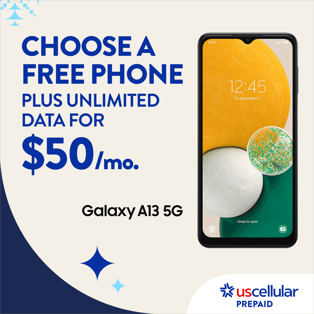 Choose a free phone plus unlimited data for $50 per month. Samsung Galaxy A13 5G. UScellular Prepaid