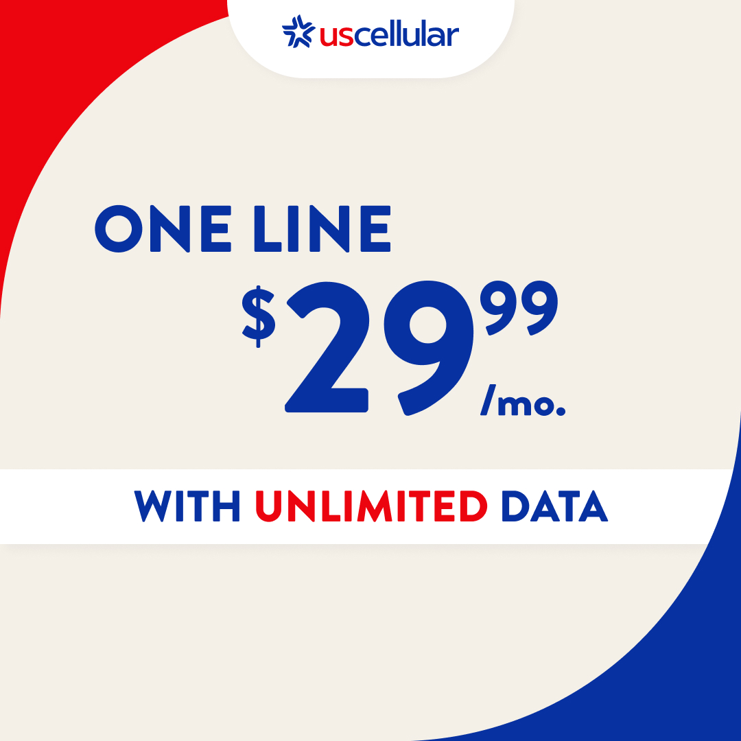 UScellular. ONE LINE $29.99/mo. With Unlimited Data