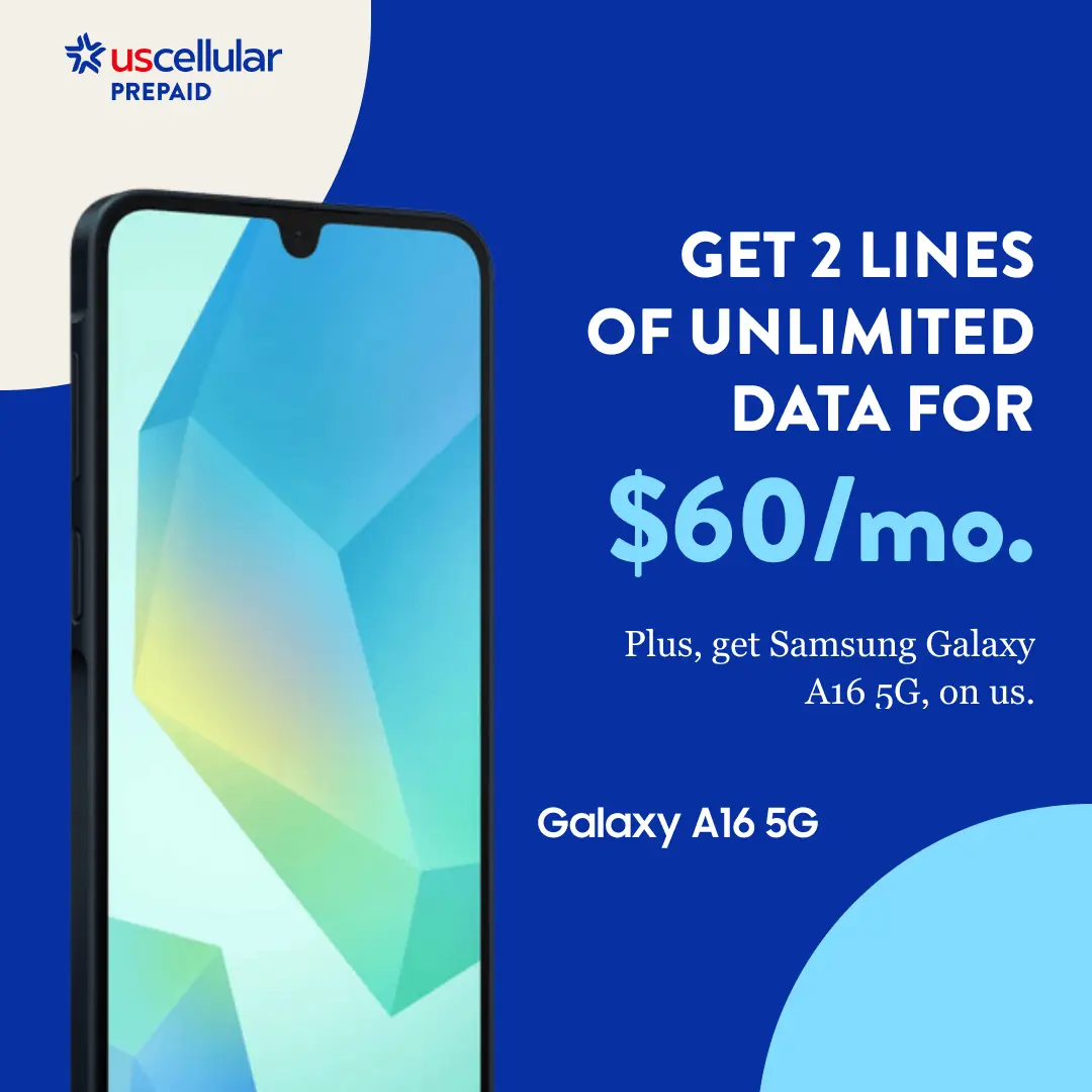 GET 2 LINES OF UNLIMITED DATA FOR $60/mo. Plus, get Samsung Galaxy A16 5G, on us. UScellular Prepaid